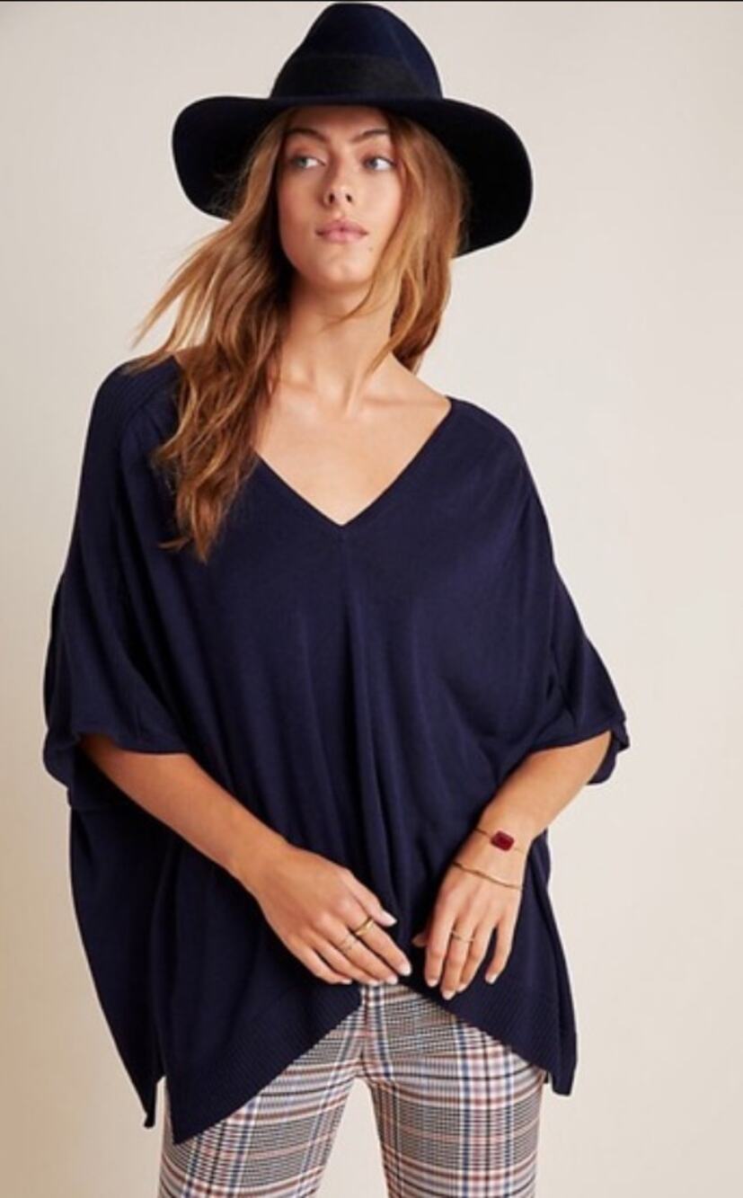 NEW By Anthropologie Clara Navy Blue Poncho Sweater Knit Top Small Boxy Boho